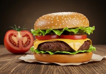 Cheeseburger on wooden table.
