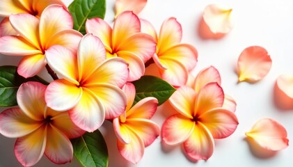 Fototapeta premium Delicate marigold petals dance around frangipani flowers, white background, local flora