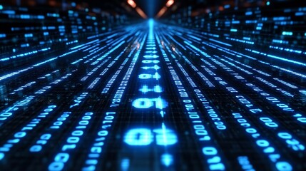 A seamless data visualization with dynamic floating numbers and glowing analytics.