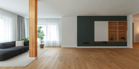 Modern living room with wooden accents and neutral colors in a spacious layout