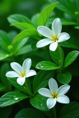 Fototapeta premium exotic white flowers on lush green foliage with dew drops, greenery, flowers, droplets