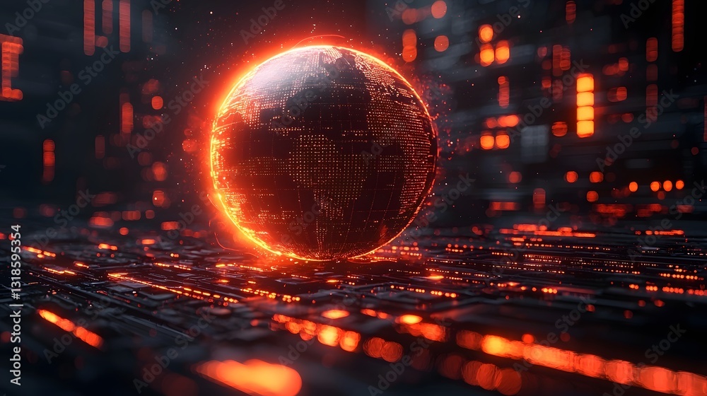 Poster glowing digital globe surrounded by orbiting luminous lines representing the interconnectedness of m