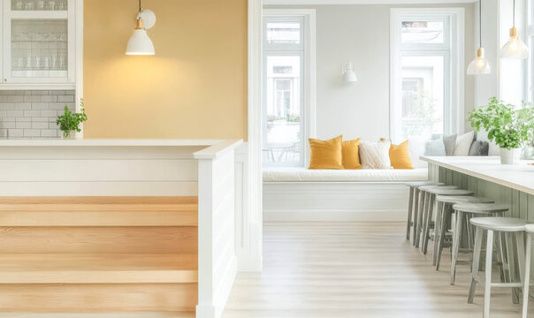 Modern kitchen and dining area with minimalist design and natural light