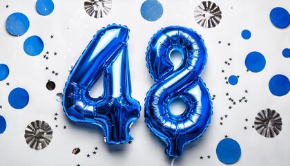 Blue balloon number 48 for forty-eighth birthday or anniversary party. White background with confetti