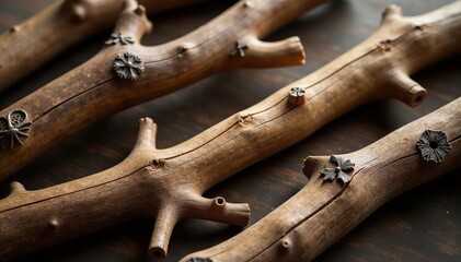 Fototapeta premium Isolated wooden branches with intricate carvings and a rustic background, isolated, neutral