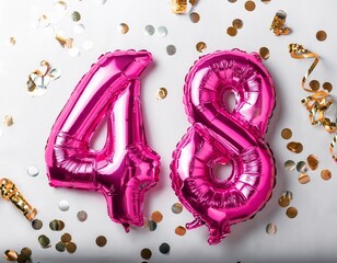 Pink balloon number 48 for forty-eighth birthday or anniversary party. White background with confetti