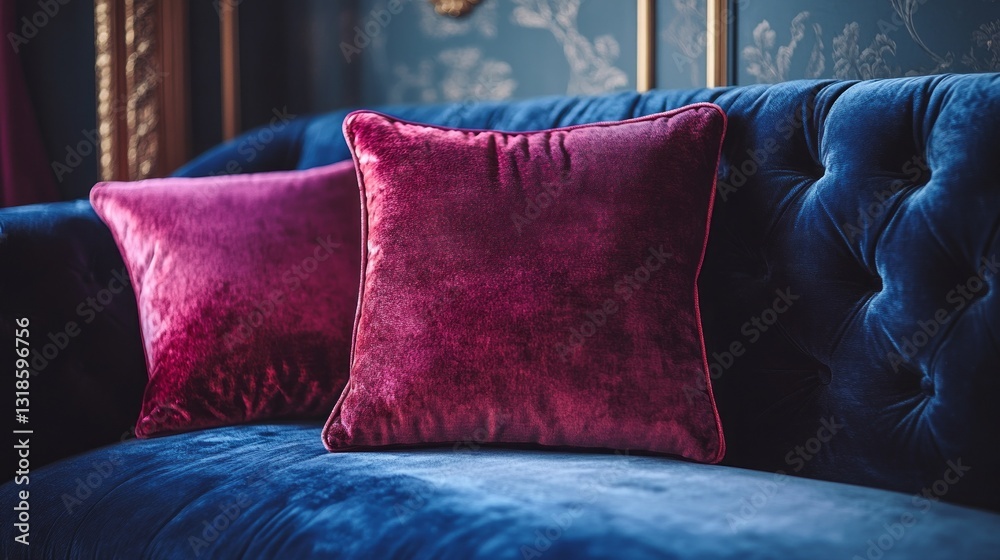 Poster plush velvet pillows adorn a sumptuous blue couch, creating a warm and inviting atmosphere in the so
