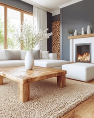 Cozy living room with modern decor and a warm fireplace for relaxation and comfort