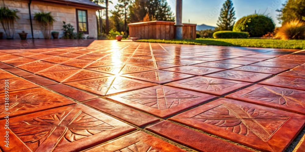 Poster a perspective of a patio tiled with intricate patterned terracotta tiles, bathed in warm afternoon s