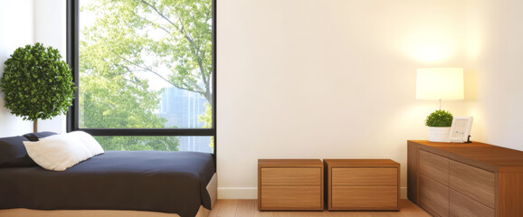 Modern bedroom with large window and minimalistic decor in a sunny environment
