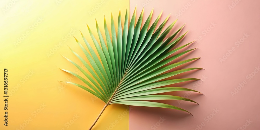 Poster a vibrant green palm frond graces a backdrop of soft pastel hues, creating a minimalist and elegant 