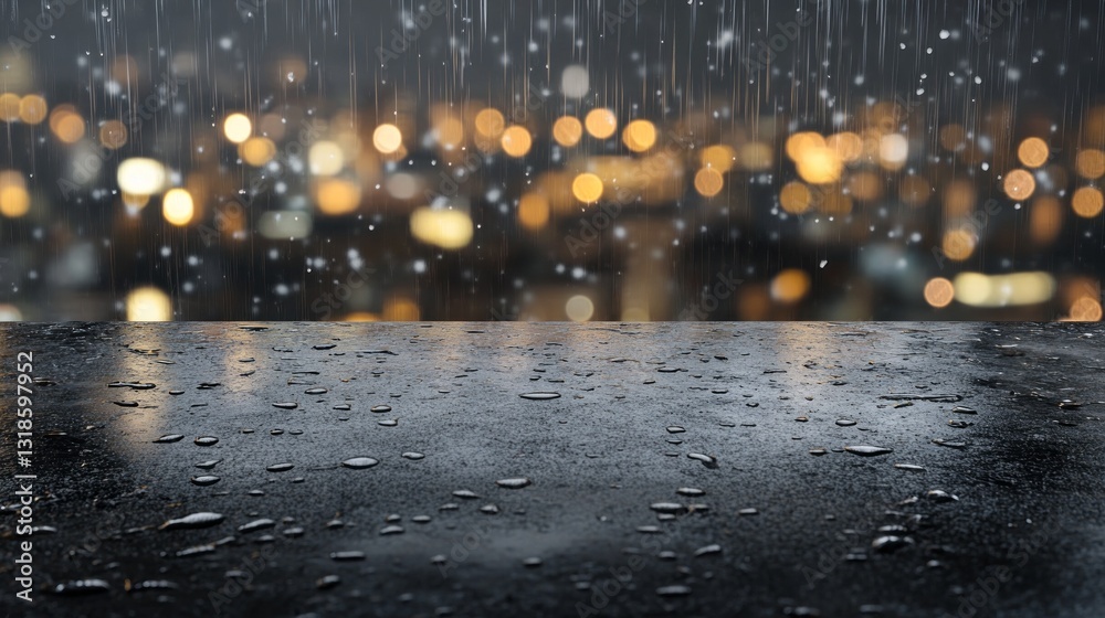 Poster raindrops dance on a smooth surface, capturing shimmering lights from the bustling city. the evening