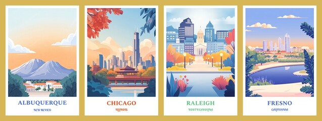Fototapeta premium Set of 4 Fresno California, Albuquerque New Mexico, Raleigh North Carolina, Chicago Illinois Flat Illustration posters 2:3, travel print, wall digital art, citycapes, Home decor gift