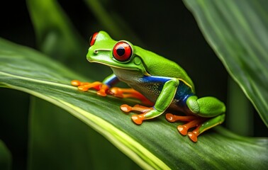 Obraz premium Red Eyed Tree Frog on Leaf with Vibrant Colors in Rainforest