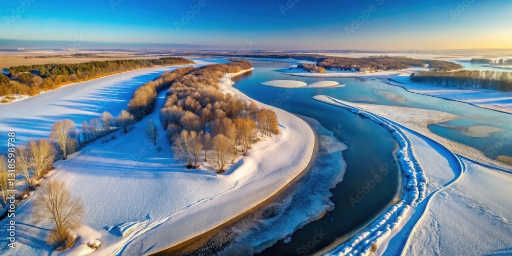 Poster aerial view of a winding river in a snowy landscape, with ice formations and bare trees lining the b