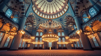 Obraz premium Intricate details decorate a grand mosque with ornate chandeliers lighting