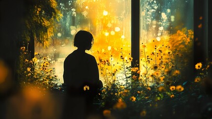 Girl in Silhouette, Contemplating Sunset Through Window
