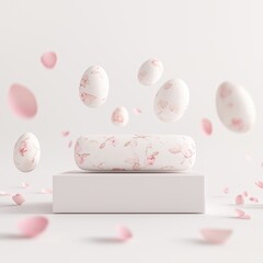 Minimalist rectangular podium displaying soft white object surrounded by floating petals