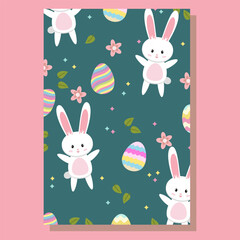 Seamless Easter pattern with cute bunnies, colorful eggs, flowers, and leaves on a dark green background. Perfect for festive wrapping paper, fabric, and holiday decorations.