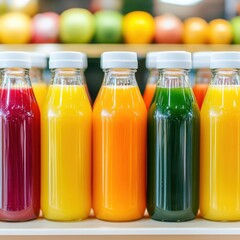 Assorted variety of fruit juices beautifully arranged in glass bottles showcasing a colorful and refreshing display