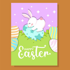 A cute Easter greeting card featuring a happy bunny on a decorated egg, surrounded by colorful Easter eggs and grass. The pastel background with stars adds a festive and joyful touch.
