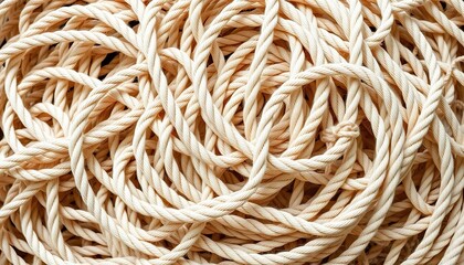 A tangled pile of thick, natural white rope, isolated, coiled, rough