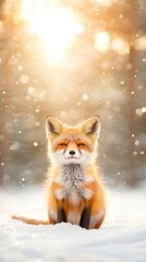 Cunning fox sitting alertly in a snowy landscape surrounded by white snow and bare trees in a winter environment