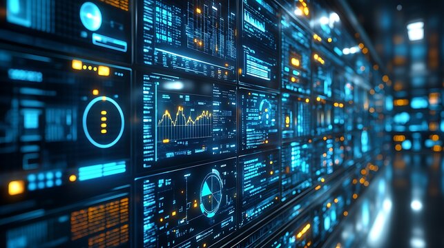 A sharp holographic surface with illuminated pie charts and minimalistic data visuals.