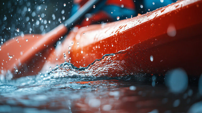 Kayak paddle slicing water dynamic motion splashing droplets vibrant red boat adventure outdoor sports close up action shot high speed extreme sports energetic movement river exploration excitement