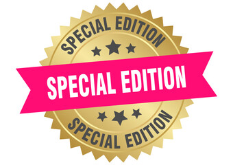 special edition. special edition round pink and gold label isolated on transparent background