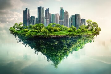 Fototapeta premium Floating urban island with skyscrapers and lush greenery in a tranquil atmosphere
