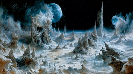 Alien Planet Landscape with Icy Mountains and Towering Structures Under a Blue Moon