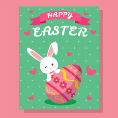 Fototapeta premium Cute Easter card with a winking bunny peeking from a decorated egg. Festive green background with polka dots and hearts. Perfect for seasonal greetings, holiday invitations, and celebration designs.