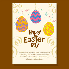 Easter greeting card with hanging colorful eggs, swirls, and festive decorations. Perfect for holiday celebrations, invitations, and seasonal designs.