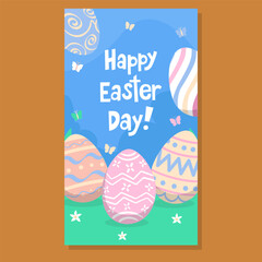Colorful Easter greeting card with decorated eggs, butterflies, and flowers on a vibrant blue and green background. Features 