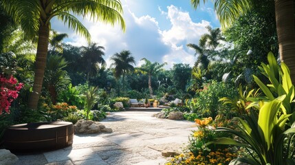 Fototapeta premium Serene Tropical Garden Paradise: Lush Greenery, Tranquil Oasis, Luxurious Escape