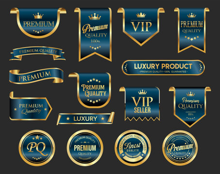 VIP, premium and gold award emblem blue and gold isolated on black background