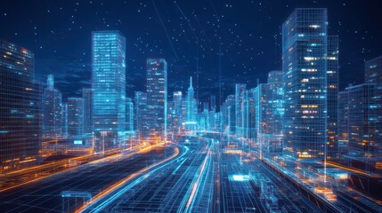 Fototapeta premium Futuristic Cityscape: A Digital Metropolis at Night