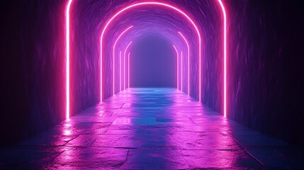 A sleek cyberpunk alley illuminated with neon lights in blue and pink tones.
