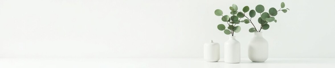 Sprigs of eucalyptus in a vase on a white surface, eucalyptus, white background, vases