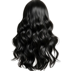 Naklejka premium Realistic long black wavy hair png, glossy dark hairstyle illustration, beauty salon wig hairpiece design element isolated on Transparent Background