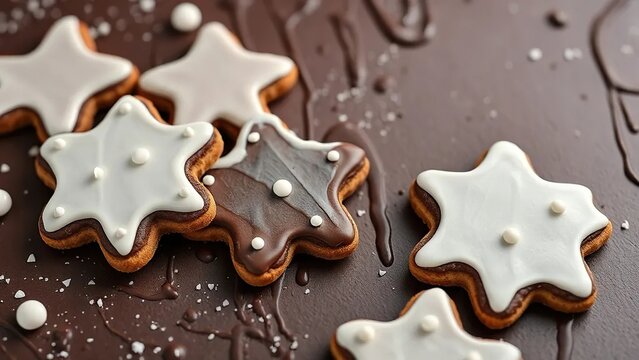 Dark chocolate background with white icing decorated cookies, decorated baking, festive bakes