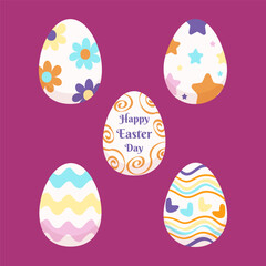 Cute Easter egg vector with Happy Easter Day text on a pastel pink background. Decorated eggs with floral, star, heart and wave patterns.