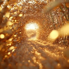 Golden path through leafy tunnel. Sunlight at the end provides bokeh and beautiful warm tones