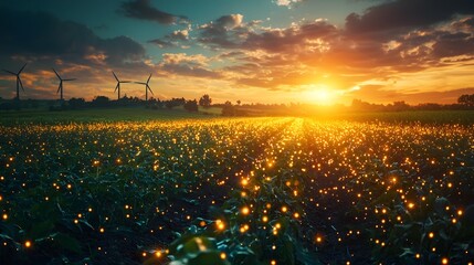 Glowing Wind Turbine Farm Symbolizing Sustainable Tech Innovation