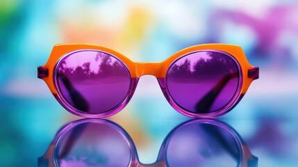Orange framed sunglasses with purple lenses and a mirrored surface