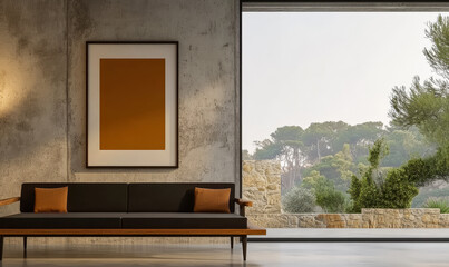 Modern living room with minimalistic design and stone wall view at sunset