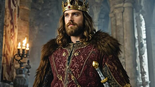 A noble medieval king, dressed in royal robes with fur and a golden crown, stands in a dimly lit stone castle, exuding strength and leadership, reminiscent of Clovis.