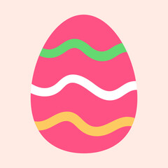 A pink Easter egg with wavy stripes in green, white, and yellow on a light pink background.