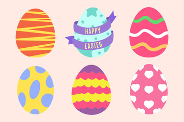 Colorful Easter egg collection with unique patterns, including stripes, waves, polka dots, hearts, and a Happy Easter ribbon. Perfect for festive designs, greeting cards, and holiday decorations.